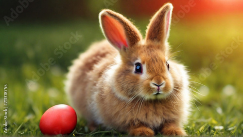 Cute fuffy Easter bunny with red Easter egg on the meadow 