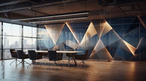 Contemporary business office design with metal accents, ambient light, paper elements, glass walls, and modern technology interior - corporate workspace concept