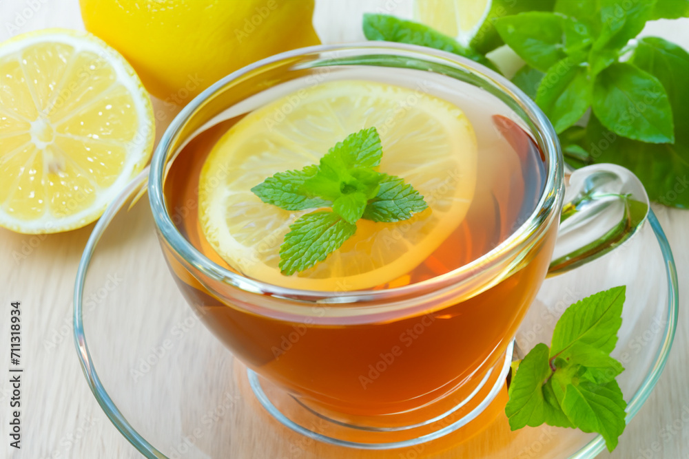 tea composition. on a light wooden table there is a transparent mug with tea and a slice of lemon and a decoration in the form of mint tea composition. on a light wooden table there is a transparent mug with tea and a slice of lemon and a decoration in the form of mint