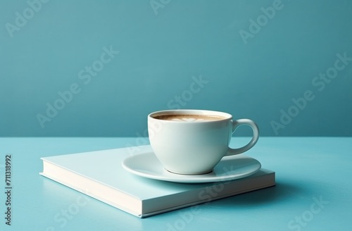 a cup of coffee is sitting atop a blue book on a saucer