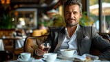 elegant business man sitting in luxury restaurant with glass of shampagne