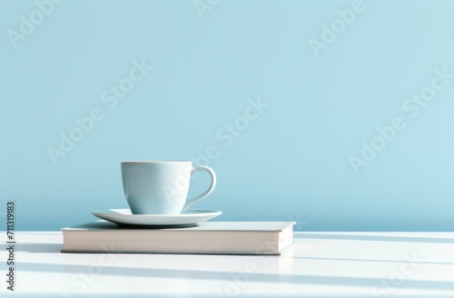 a cup of coffee is sitting atop a blue book on a saucer