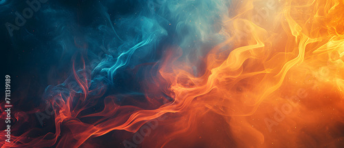 A fiery burst of amber light illuminates the natural surroundings, as abstract blue and orange smoke dance in the heat, creating a mesmerizing display of nature's flame