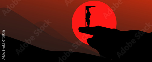 Vector illustration, people with silhouette concept carrying a flag to the top of a mountain, suitable for backgrounds, banners and posters, vector