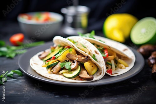 vegetarian fajitas with mushrooms and zucchini on a slate surface