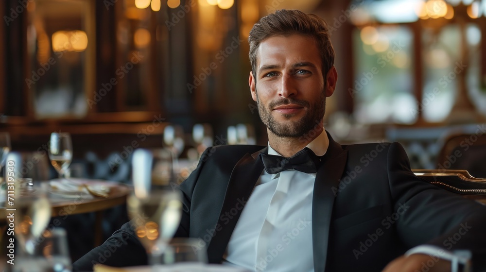 elegant business man sitting in luxury restaurant with glass of shampagne