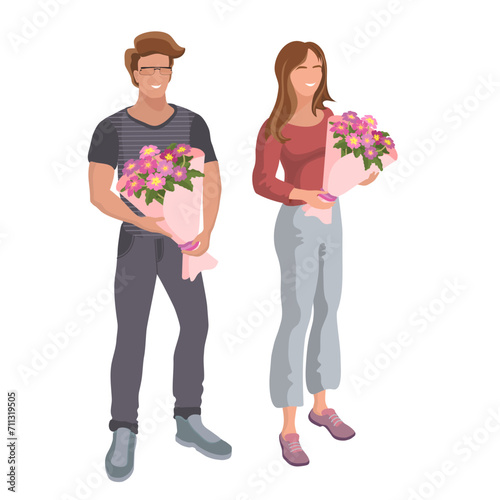 A young man and girl are holding a bouquet of pink flowers in a decorative wrapper. Isometric people. Flower shop sellers, florists carrying home plants, consultants. 3D Isometric vector illustration.