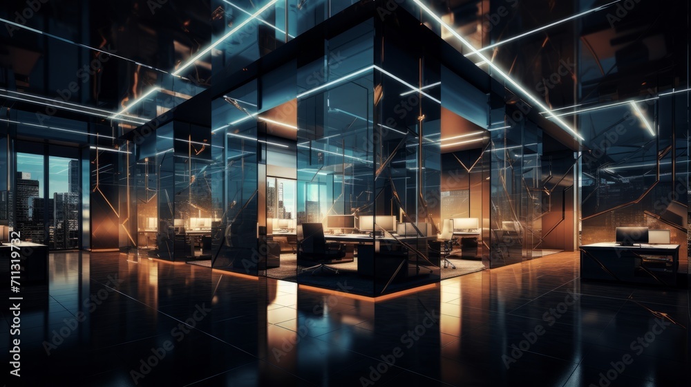 View of Contemporary business office design with metal accents, ambient light ...