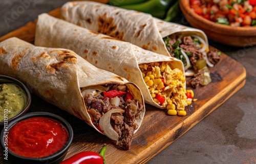 chicken and beef wraps on a board, dark yellow and red, villagecore photo