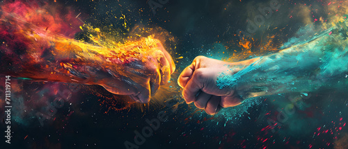 An explosive collision of cosmic energy and artistic expression as two fists clash amidst a colorful nebula backdrop