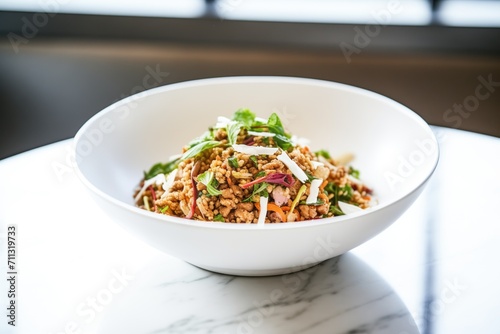 farro salad in a white bowl with feta cheese crumbles