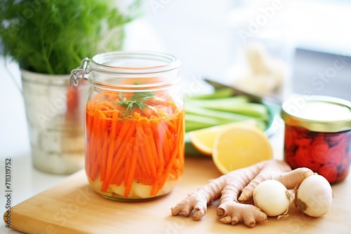 fermented carrot and ginger with labels for pantry storage photo