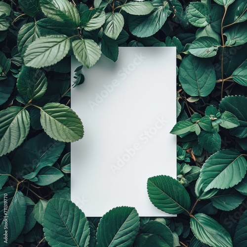 an empty paper card surrounded by green leaf