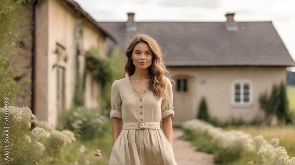 Portrait of beautiful Caucasian woman in 20s with wavy brown hair in retro linen clothes, countryside lifestyle, slow fashion, sustainable village living, natural beauty concept. Portrait of beautiful Caucasian woman in 20s with wavy brown hair in retro linen clothes, countryside lifestyle, slow fashion, sustainable village living, natural beauty concept.
