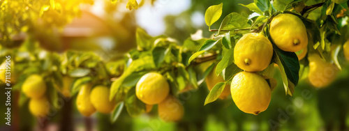 Ripe lemons hanging on a sunlit tree, with a vibrant display of fresh citrus fruit ready for harvest.