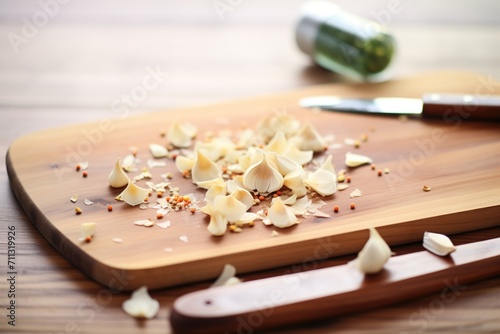fermented garlic cloves scattered on wood board