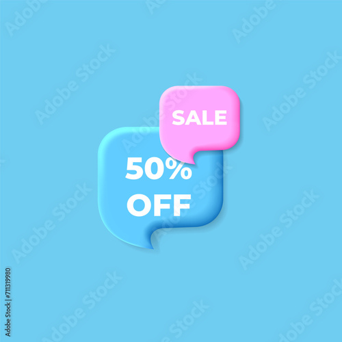 Sale 50 percent off tag. 3d offer chat speech bubbles. Discount Sale offer price sign. Special offer symbol. Discount speech bubble 3d message. Vector.