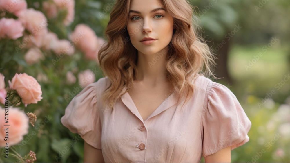 Portrait of beautiful Caucasian woman in 20s with wavy brown hair in retro linen clothes, countryside lifestyle, slow fashion, sustainable village living, natural beauty concept. Portrait of beautiful Caucasian woman in 20s with wavy brown hair in retro linen clothes, countryside lifestyle, slow fashion, sustainable village living, natural beauty concept.