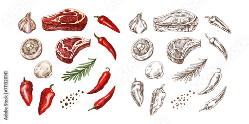A set of hand-drawn colored and monochrome sketches of barbecue elements. For design of the menu, grilled food. Pieces of meat and vegetables with seasonings.
