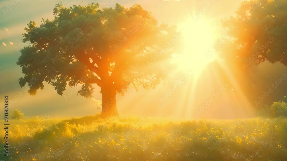 Magical tree with beautiful summer morning in the forest. Sun rays break through the foliage of magnificent green tree. Magical summer forest golden sparkles fantasy forest beauty