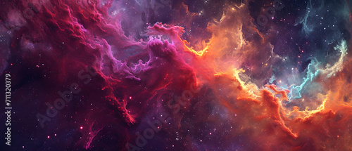 An ethereal scene of cosmic wonder, as vibrant clouds and shimmering stars dance amidst the vastness of the universe