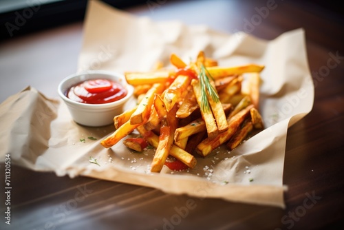 freshly baked fries with a ketchup sachet