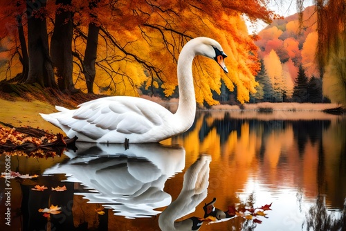 Capture the essence of tranquility with a white swan on the river  surrounded by the captivating hues of autumn trees and their falling leaves.