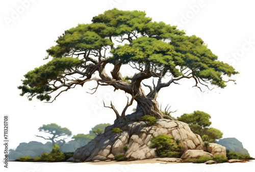 Painting of Tree on Rock, A Serene Natural Landscape Artwork