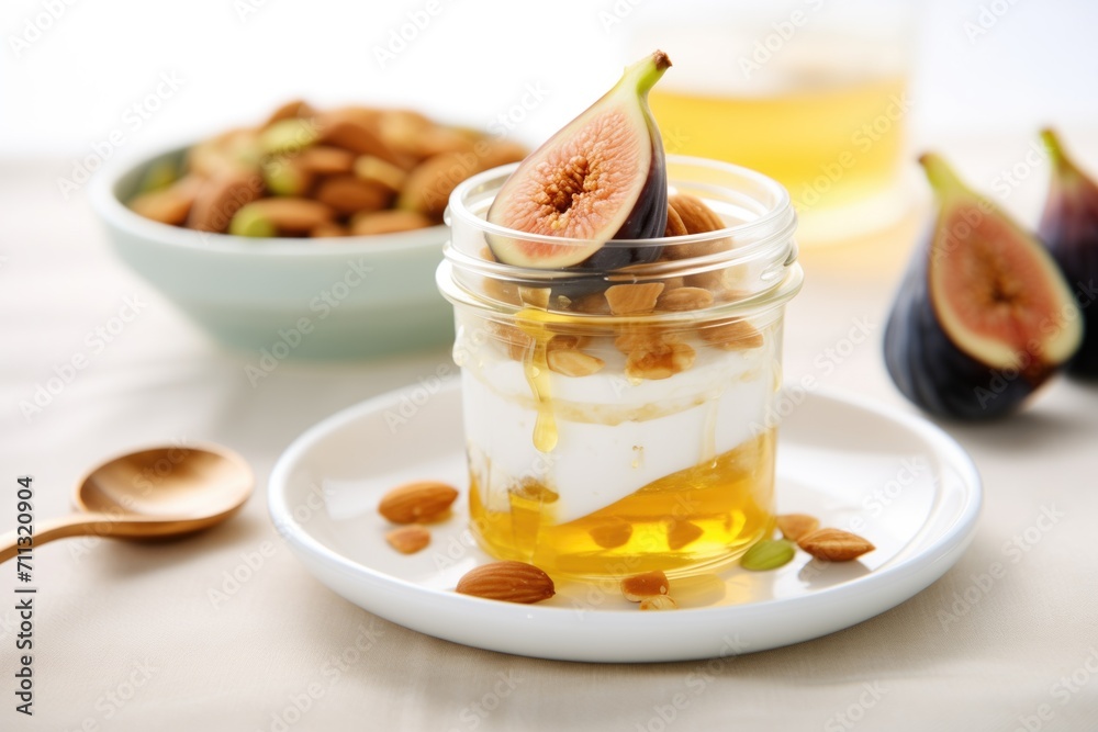 elegant plating of greek yogurt parfait with fig slices and honeycomb
