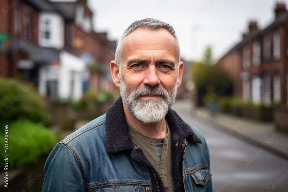 Portrait of a handsome senior man with grey hair and beard standing in a street. Portrait of a handsome senior man with grey hair and beard standing in a street.