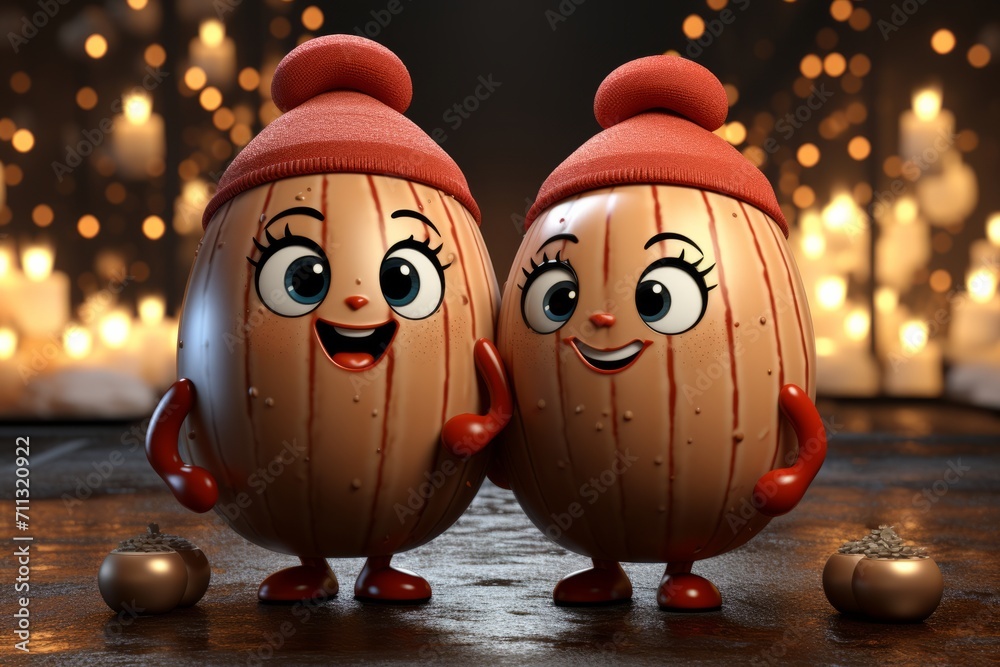 Cartoon Christmas Nutmeg and Cinnamon Spice Characters, on an isolated Festive Spice background, Generative AI
