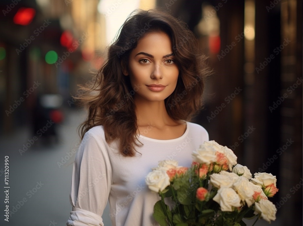 A stunning shot of an attractive young Spanish woman holding flowers, walking down the street of a busy city, in a serene and calm style.
