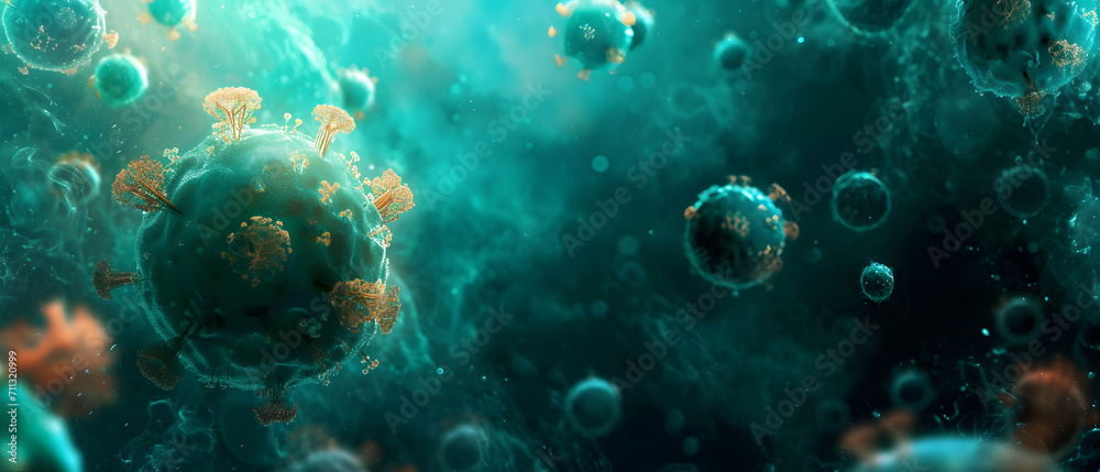 A vibrant underwater world is captured in this close up of a virus, with its bubble-like structure and aqua hues evoking a sense of serenity amidst the bustling reef of turquoise waters A vibrant underwater world is captured in this close up of a virus, with its bubble-like structure and aqua hues evoking a sense of serenity amidst the bustling reef of turquoise waters