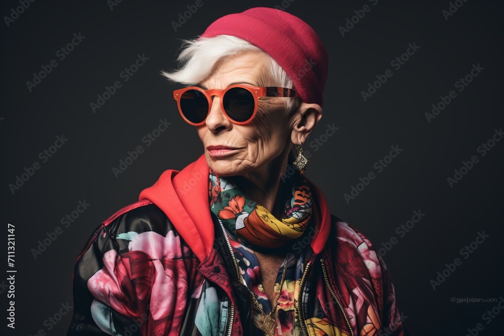 Portrait of a beautiful senior woman in red sunglasses. Beauty, fashion. Portrait of a beautiful senior woman in red sunglasses. Beauty, fashion.