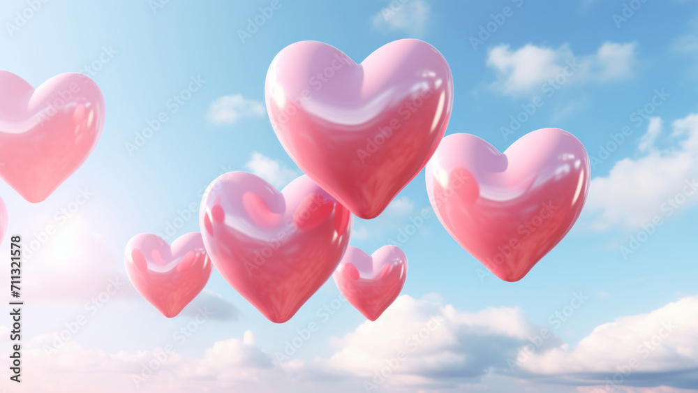 Floating Hearts and Cloudy Blue Sky