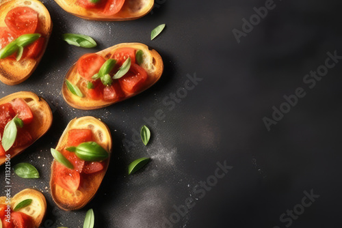 bread and tomatoes on a black background. Generative AI.food and restaurants concept.