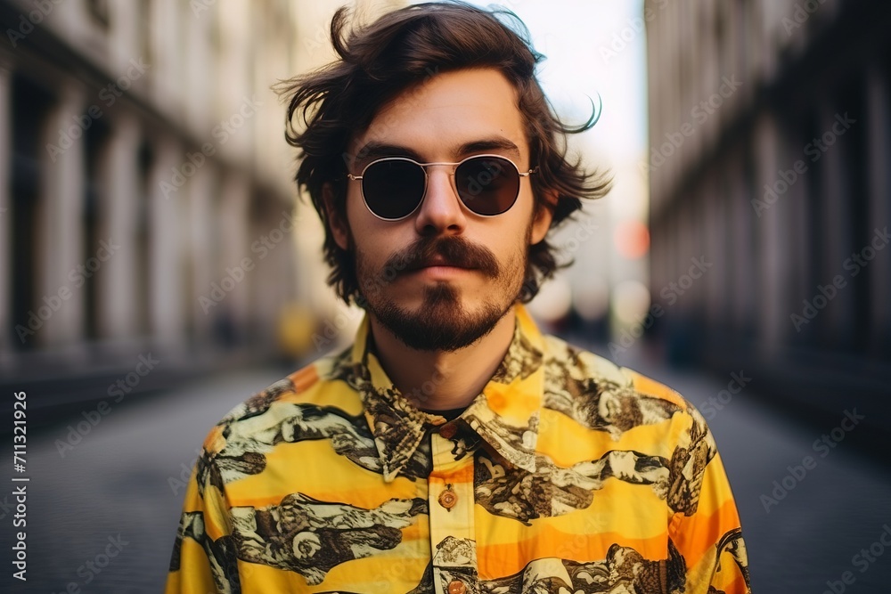 young handsome hipster man in yellow shirt and sunglasses in the city young handsome hipster man in yellow shirt and sunglasses in the city