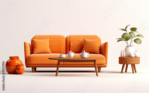 Living Room With Orange Couch and Coffee Table © Piotr