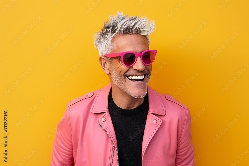 Portrait of a smiling man in pink sunglasses on a yellow background