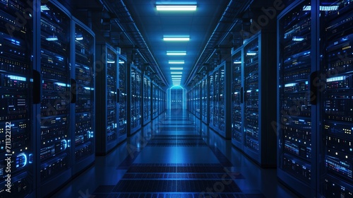 Server towers inside a data center. Server racks in a blue metal room. Generative AI. 