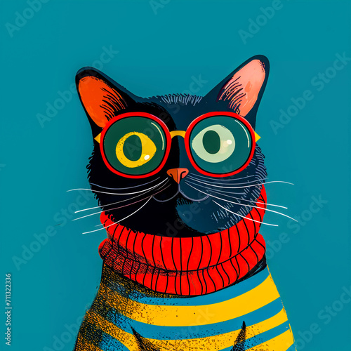 Fototapeta Naklejka Na Ścianę i Meble -  Hipster Cute Pop Art Cat Illustration, Generative AI