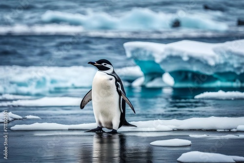 Experience the stark contrast of life against the frozen backdrop with a captivating image of a chinstrap penguin on the beach, a symbol of resilience in Antarctica. © Zaitoon