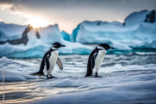 Step into the untamed beauty of Antarctica with a mesmerizing photograph featuring a chinstrap penguin exploring the pristine shores of the tranquil beach.