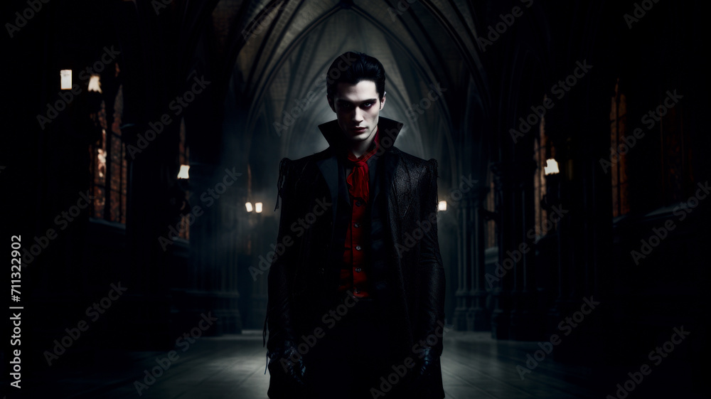 Vampire in black gothic dress in spooky castle Vampire in black gothic dress in spooky castle