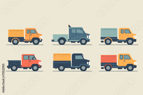 Flat cars set. Taxi and minivan, cabriolet and pickup. Bus and suv, truck. Urban, city cars and vehicles transport vector flat icons. Cabriolet and truck, car and bus, automobile pickup illustration