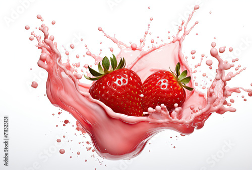 Two Strawberries Splashing Into Pink Liquid