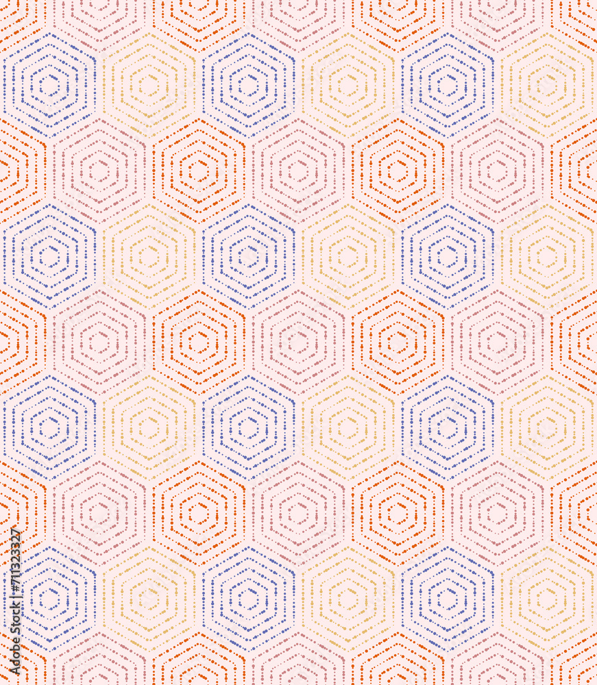 Geometric repeating ornament with hexagonal dotted colored elements. Geometric modern ornament. Seamless abstract modern pattern