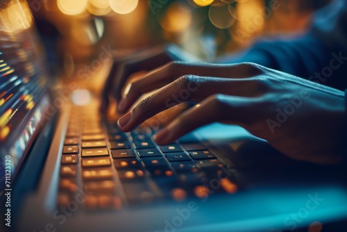 Man's hands over the laptop keyboard against the background of beautiful blurred lights at night, beautiful bokeh effect. Close-up view. Hands of an anonymous person typing on a laptop keyboard at