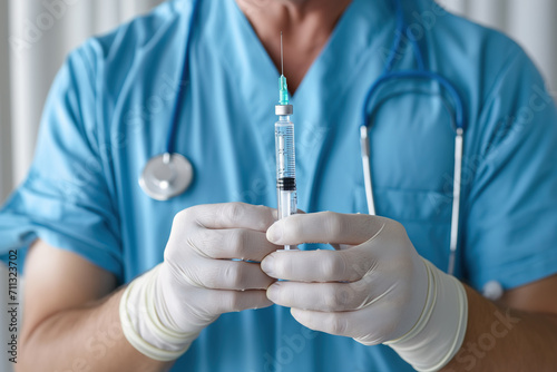 Close-up of syringe with needle in doctor hands