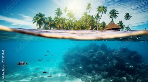 Split view at water level of tropical island with hut  and fish swimming under water photo